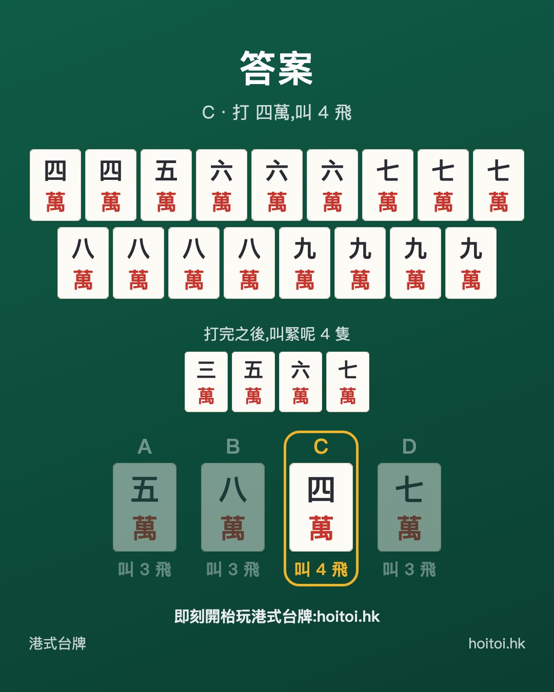 答案：打 四萬，叫 4 飛