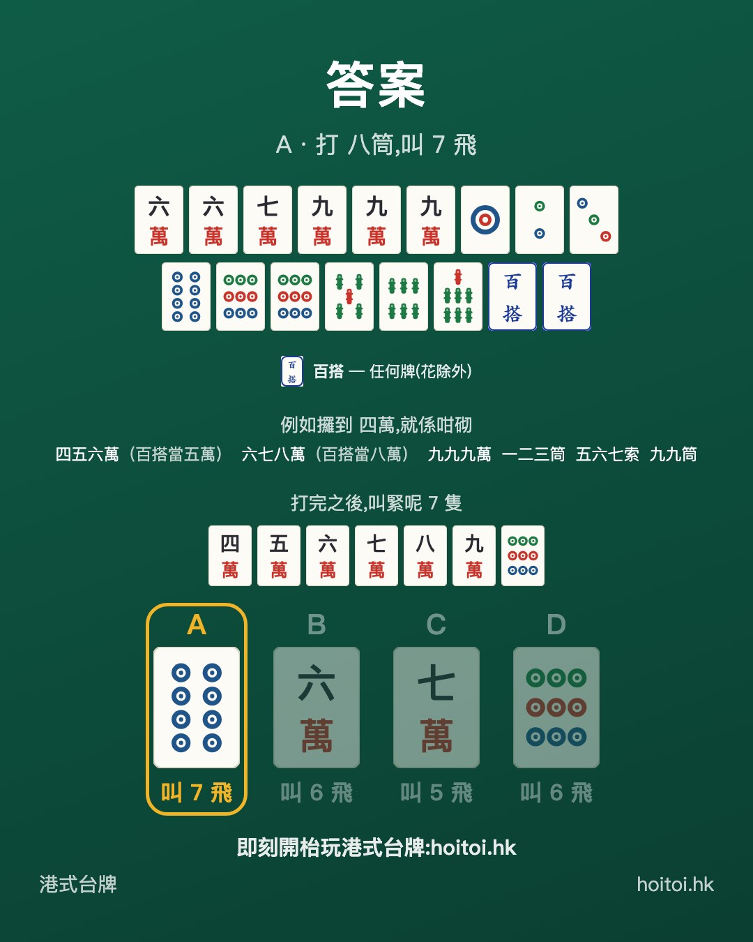 答案：打 八筒，叫 7 飛