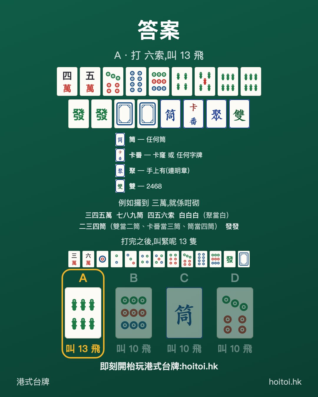 答案：打 六索，叫 13 飛