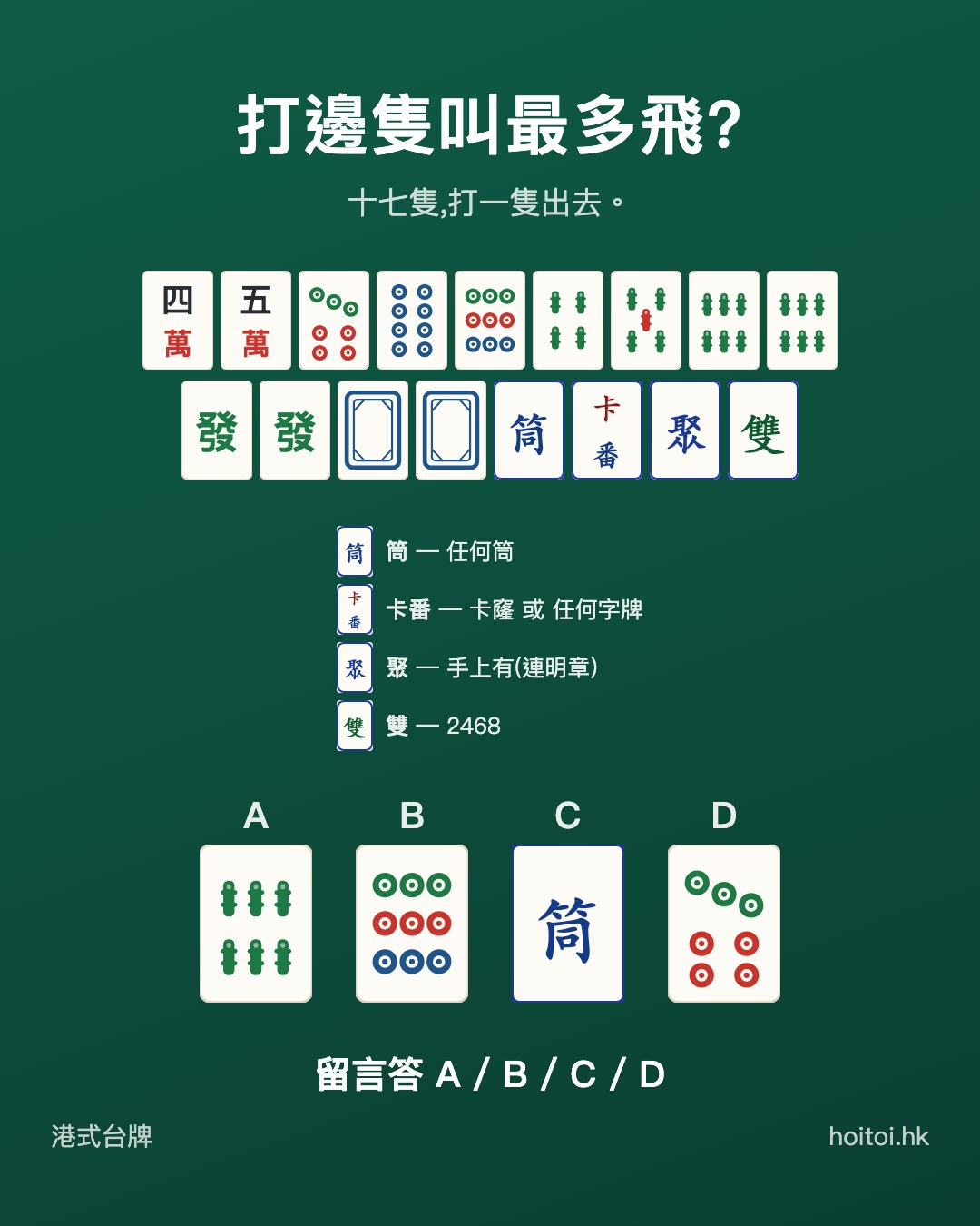 手牌：四五萬　七八九筒　四五六六索　發發白白搭搭搭搭