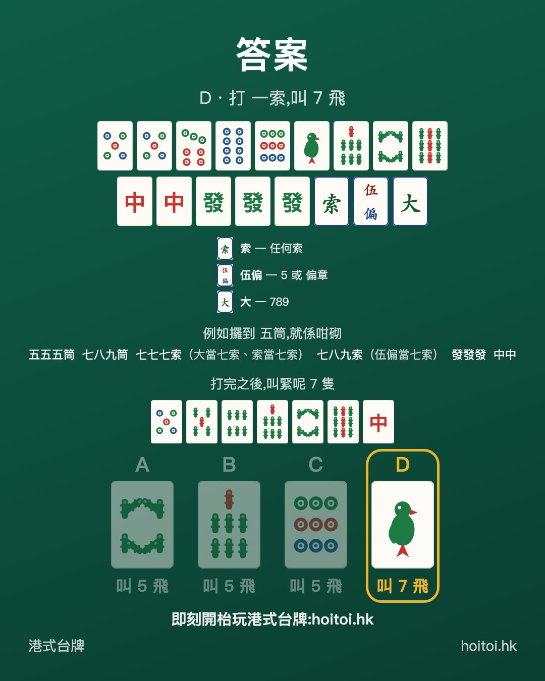 答案：打 一索，叫 7 飛