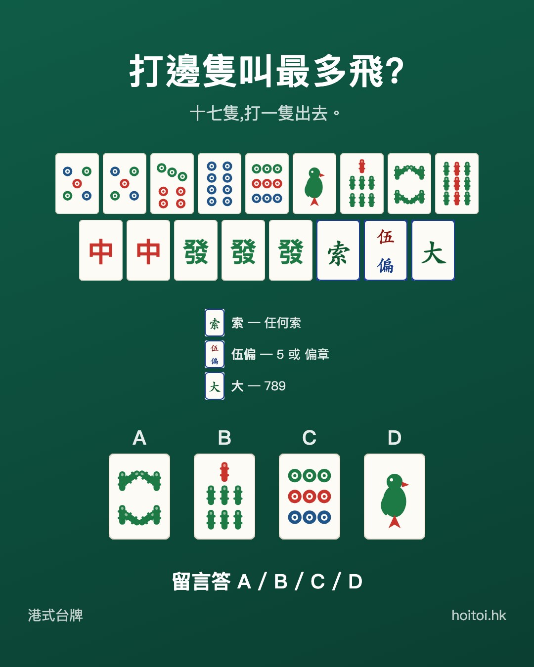 手牌：五五七八九筒　一七八九索　中中發發發搭搭搭