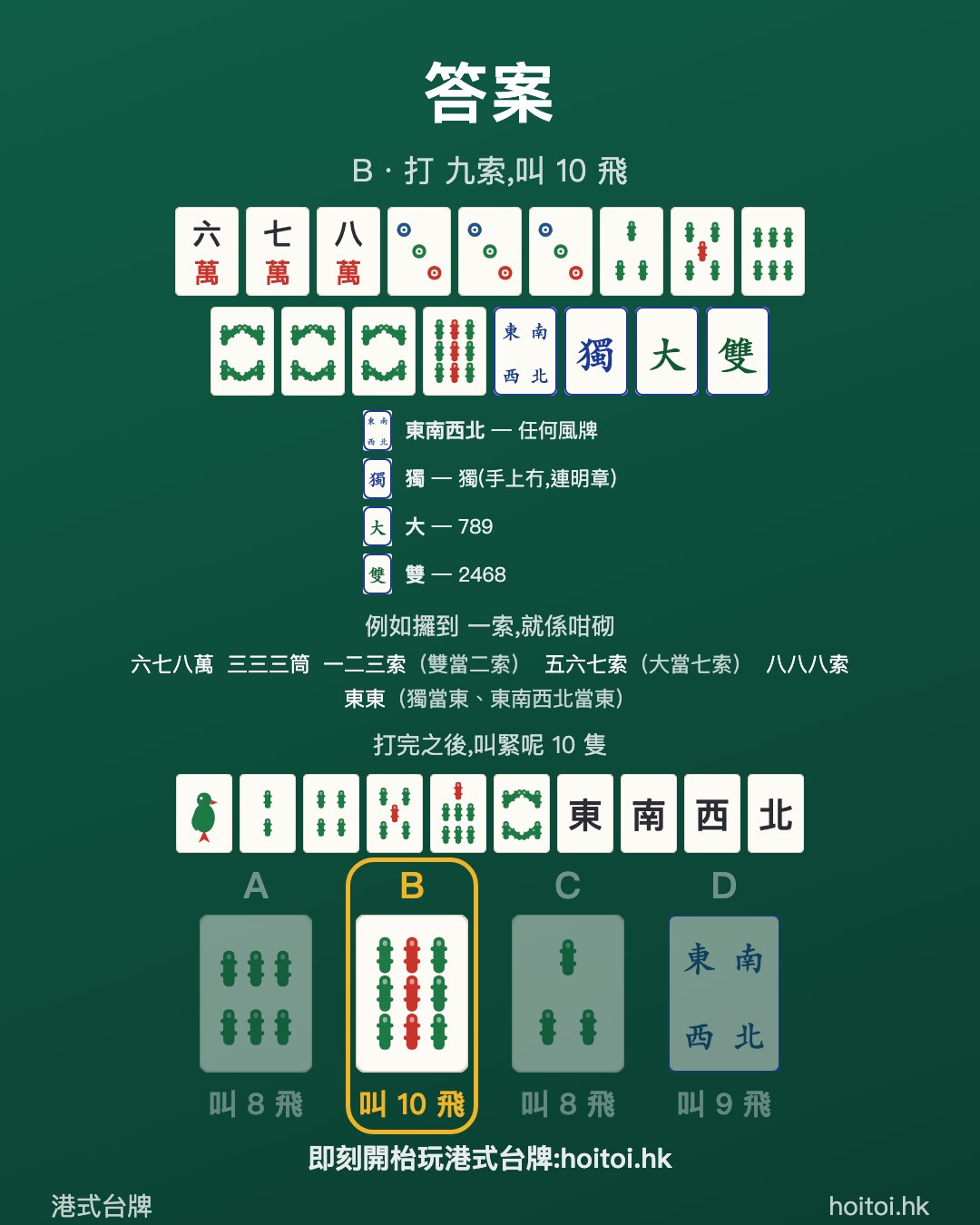 答案：打 九索，叫 10 飛